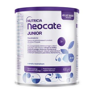 Neocate Junior, dla dzieci z alergią na białka mleka krowiego i złożoną nietolerancją białek pokarmowych, po 1 roku, smak neutralny, 400 g - zdjęcie produktu