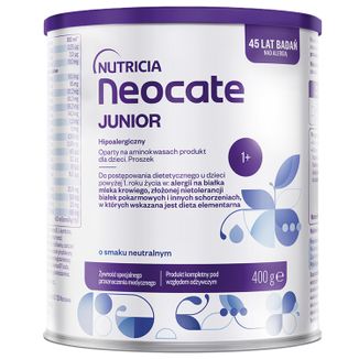 Neocate Junior, dla dzieci z alergią na białka mleka krowiego i złożoną nietolerancją białek pokarmowych, po 1 roku, smak neutralny, 400 g - zdjęcie produktu