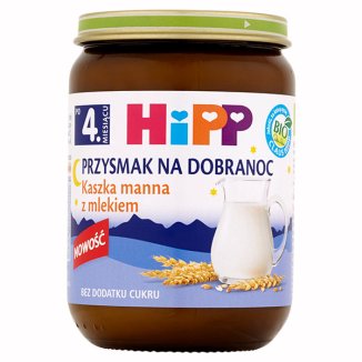 HiPP Przysmak na Dobranoc Kaszka manna z mlekiem Bio, bez dodatku cukru, po 4 miesiącu, 190 g - zdjęcie produktu