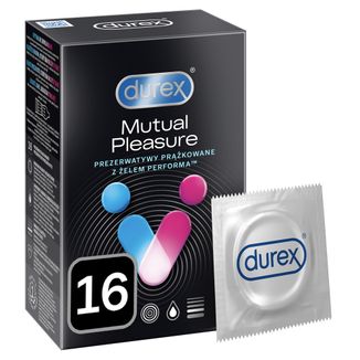 Durex Mutual Pleasure (dawniej Performax Intense), prezerwatywy z lubrykantem przedłużającym stosunek, prążkowane z wypustkami, 16 sztuk - zdjęcie produktu