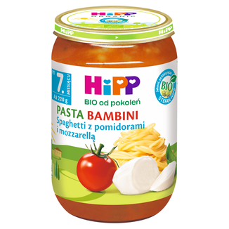 HiPP Danie Bio Pasta Bambini, spaghetti z pomidorami i mozzarellą, po 7 miesiącu, 220 g - zdjęcie produktu