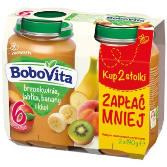 BoboVita Deser, brzoskwinie, jabłka, banany, kiwi, po 6 miesiącu, 2 x 190 g - 2 BoboVita Deser, brzoskwinie, jabłka, banany, kiwi, po 6 miesiącu, 2 x 190 g - 2 - zdjęcie produktu