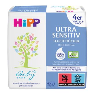 HiPP BabySanft Ultra Sensitiv, chusteczki nawilżane, od 1 dnia życia, 4 x 52 sztuki - zdjęcie produktu