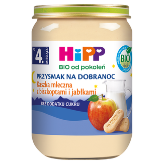 HiPP Przysmak na Dobranoc Kaszka mleczna z biszkoptami i jabłkami Bio, bez dodatku cukru, po 4 miesiącu, 190 g - zdjęcie produktu