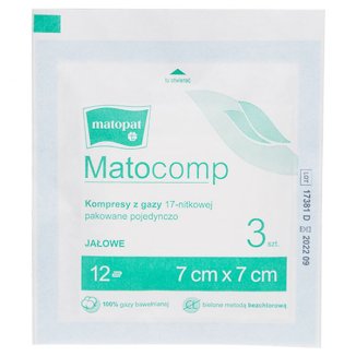 Matopat Matocomp, kompresy jałowe, 100% bawełny, 17-nitkowe, 12-warstwowe, 7 cm x 7 cm, 3 sztuki - zdjęcie produktu