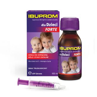 Ibuprom dla Dzieci Forte 200 mg/ 5ml, zawiesina doustna od 3 miesiąca, smak truskawkowy, 100 ml - zdjęcie produktu