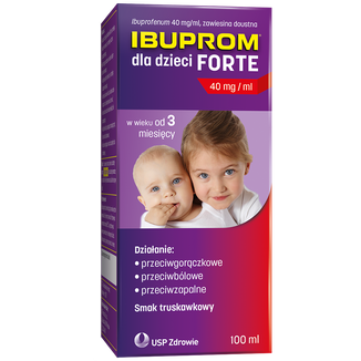 Ibuprom dla Dzieci Forte 200 mg/ 5ml, zawiesina doustna od 3 miesiąca, smak truskawkowy, 100 ml - zdjęcie produktu