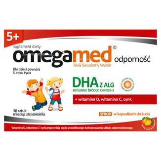Omegamed Odporność 5+, DHA z alg, syrop w kapsułkach do żucia dla dzieci powyżej 5 lat, smak pomarańczowy, 30 kapsułek - zdjęcie produktu
