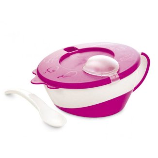 Canpol Babies, miseczka z pokrywką i łyżeczką, Krówka, różowa, od 9 miesiąca, 1 sztuka - zdjęcie produktu