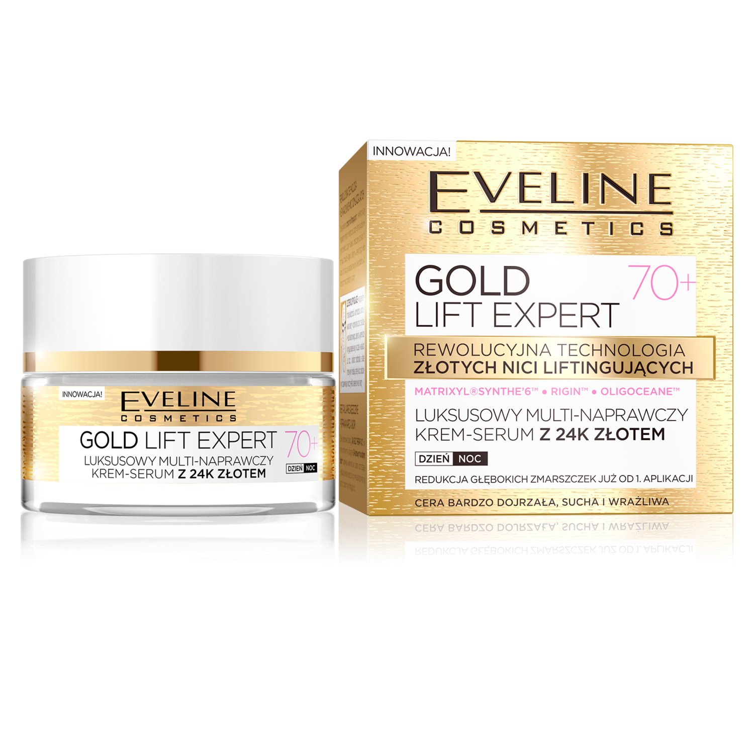 Nieznana Eveline Cosmetics Gold Lift Expert 70+, luksusowy multinaprawczy krem-serum z 24K złotem, na dzień i na noc, 50 ml