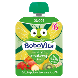 BoboVita Mus w tubce, banan i jabłko z truskawką i kiwi, po 6 miesiącu, 80 g - zdjęcie produktu
