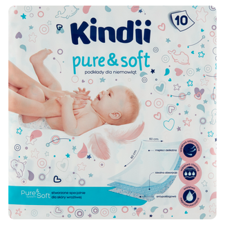 Kindii Pure & Soft, podkłady dla niemowląt, jednorazowe, 60 cm x 60 cm, 10 sztuk - zdjęcie produktu