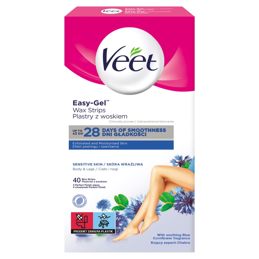 Veet Veet Easy-Gel, plastry z woskiem do depilacji ciała, skóra wrażliwa, olejek ze słodkich migdałów, 40 sztuk