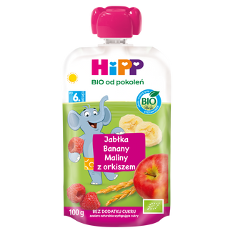 HiPP BIO od pokoleń, jabłka-banany-maliny z orkiszem, po 6 miesiącu, 100 g HiPP BIO od pokoleń, jabłka-banany-maliny z orkiszem, po 6 miesiącu, 100 g - zdjęcie produktu