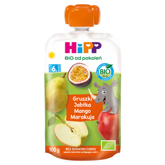 HiPP HiPPiS Mus owocowy Bio, gruszka, jabłko, mango i marakuja, po 6 miesiącu, 100 g KRÓTKA DATA - zdjęcie produktu
