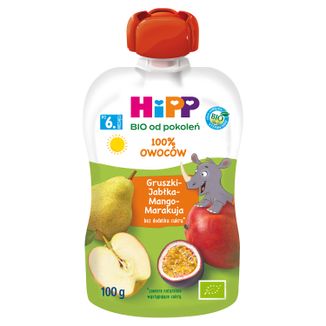 HiPP HiPPiS Mus owocowy Bio, gruszka, jabłko, mango i marakuja, po 6 miesiącu, 100 g - zdjęcie produktu