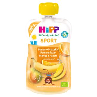 HiPP Sport Mus owocowy Bio, banany, gruszki, pomarańcze, mango z ryżem, po 1 roku, 120 g KRÓTKA DATA - zdjęcie produktu