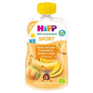 HiPP Sport Mus owocowy Bio, banany, gruszki, pomarańcze, mango z ryżem, po 1 roku, 120 g - zdjęcie produktu