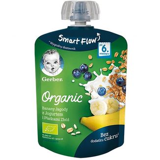 Gerber Organic Deser w tubce, banany, jagody z jogurtem i płatkami zbóż, po 6 miesiącu, 90 g - zdjęcie produktu