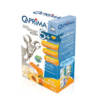Caprima Premium Kaszka kukurydziano-ryżowa z pełnym mlekiem kozim, dynia-brzoskwinia, bezglutenowa, po 5 miesiącu, 225 g - zdjęcie produktu