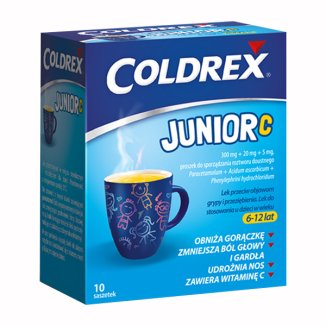 Coldrex Junior C 300 mg + 20 mg +5 mg, proszek do sporządzania roztworu doustnego dla dzieci 6-12 lat, smak cytrynowy, 10 saszetek - zdjęcie produktu