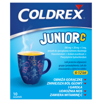 Coldrex Junior C 300 mg + 20 mg +5 mg, proszek do sporządzania roztworu doustnego dla dzieci 6-12 lat, smak cytrynowy, 10 saszetek - zdjęcie produktu