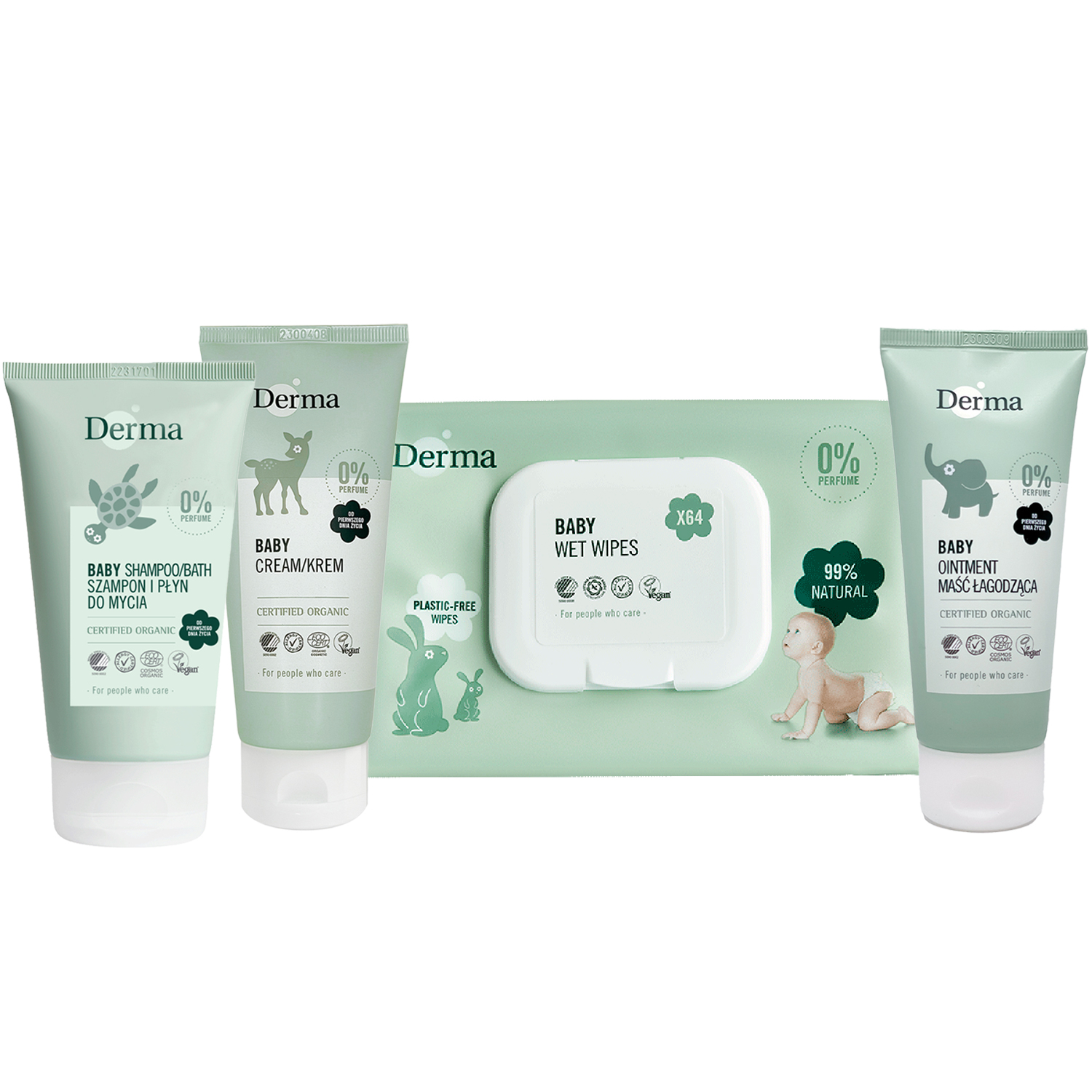 Nieznana Derma Eco Baby, maść łagodząca, 100 ml + krem pielęgnacyjny, 100 ml, + szampon-mydło, 150 ml + chusteczki nawilżane, 64 sztuki