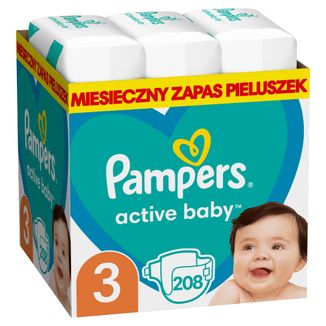 Pampers Active Baby, pieluchy, rozmiar 3, 6-10 kg, 208 sztuk USZKODZONE OPAKOWANIE - zdjęcie produktu