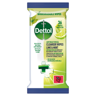 Dettol, antybakteryjne i drożdżakobójcze chusteczki do mycia i dezynfekcji powierzchni, limonka i miętą, 36 sztuk - zdjęcie produktu