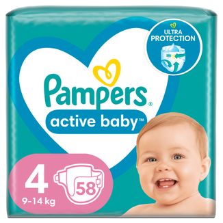 Pampers Active Baby, pieluchy, rozmiar 4, 9-14 kg, 58 sztuk - zdjęcie produktu