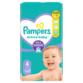 Pampers Active Baby, pieluchy, rozmiar 4, 9-14 kg, 58 sztuk - zdjęcie produktu