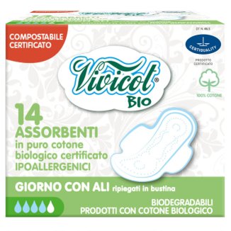 Vivicot Bio, podpaski z organicznej bawełny, ze skrzydełkami, kompostowalne, na dzień, 14 sztuk - zdjęcie produktu