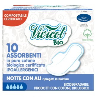 Vivicot Bio, podpaski z bawełny organicznej, ze skrzydełkami, kompostowalne, na noc, 10 sztuk - zdjęcie produktu