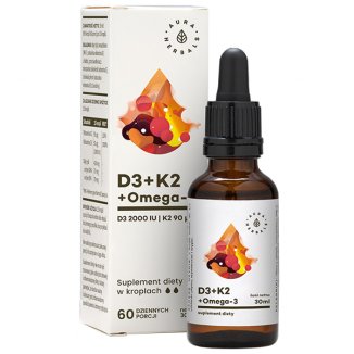 Aura Herbals D3 + K2 MK7 + Omega 3, krople, 30 ml - zdjęcie produktu