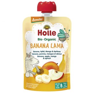 Holle, Mus owocowy w tubce Banana Lama, banan, jabłko, mango, morela BIO, po 6 miesiącu, 100 g - zdjęcie produktu