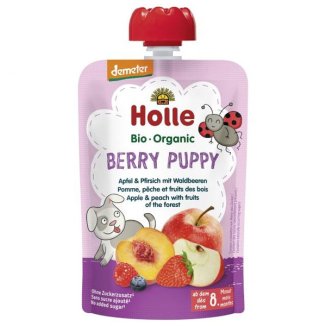 Holle, Mus owocowy w tubce Berry Puppy, jabłko, brzoskwinia, owoce leśne BIO, po 8 miesiącu, 100 g KRÓTKA DATA - zdjęcie produktu