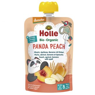 Holle, Mus owocowy w tubce Panda Peach, brzoskwinia, morela, banan z orkiszem BIO, po 8 miesiącu, 100 g - zdjęcie produktu
