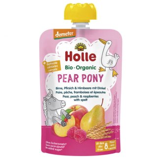 Holle, Mus owocowy w tubce, Pear Pony, gruszka, brzoskwinia z maliną, po 8 miesiącu, 100 g - zdjęcie produktu