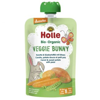 Holle Bio Veggie Bunny, mus warzywny w tubce, marchewka, słodki ziemniak, groszek, po 6 miesiącu, 100 g KRÓTKA DATA - zdjęcie produktu