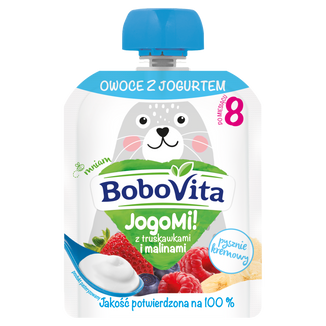 BoboVita JogoMi! Owoce z jogurtem w tubce, truskawki, maliny, 80 g KRÓTKA DATA - zdjęcie produktu