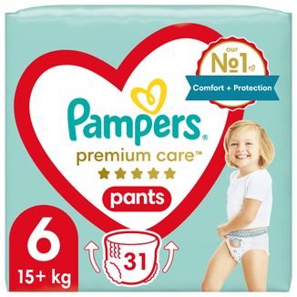 Pampers Premium Care Pants, pieluchomajtki, rozmiar 6, 15+ kg, 31 sztuk - zdjęcie produktu