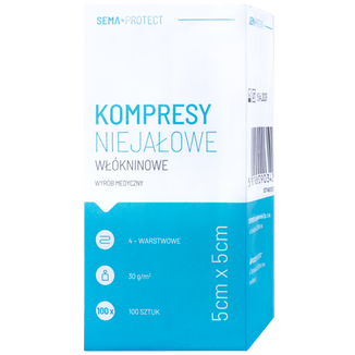 SEMA Protect, kompresy niejałowe, włókninowe, 5 cm x 5 cm, 100 sztuk - zdjęcie produktu