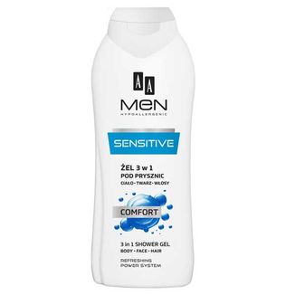 AA Men Sensitive, nawilżający żel pod prysznic 3w1, 400 ml AA Men Sensitive, nawilżający żel pod prysznic 3w1, 400 ml - zdjęcie produktu