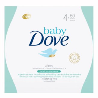 Dove Baby, hipoalergiczne chusteczki pielęgnacyjne, Sensitive Moisture, od pierwszych dni życia, bezzapachowe, 200 sztuk - zdjęcie produktu