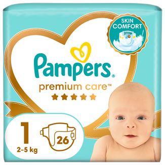 Pampers Premium Care, pieluchy rozmiar 1, 2-5 kg, 26 sztuk - zdjęcie produktu