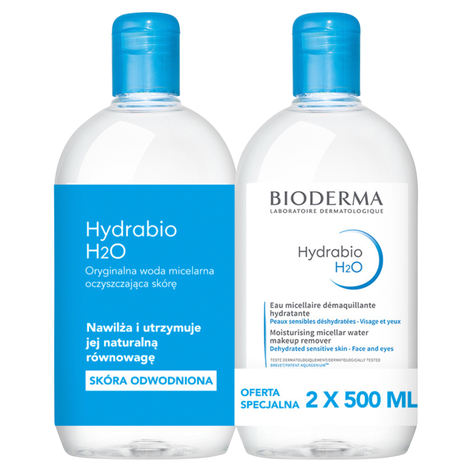 Bioderma Bioderma Hydrabio H2O, nawilżający płyn micelarny do demakijażu, skóra odwodniona, 2 x 500 ml