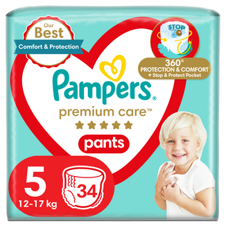 Pampers Premium Care Pants, pieluchomajtki, rozmiar 5, 12-17 kg, 34 sztuki - zdjęcie produktu
