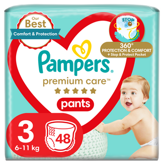 Pampers Premium Care Pants, pieluchomajtki jednorazowe, rozmiar 3, 6-11 kg, 48 sztuk - zdjęcie produktu