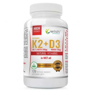 Wish Witamina K2 MK7 z natto 200 µg + D3 4000 IU w oleju MCT, 120 kapsułek miękkich - zdjęcie produktu