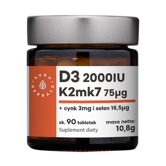 Aura Herbals D3 2000 IU K2MK7 75 µg + cynk + selen, 90 tabletek - zdjęcie produktu